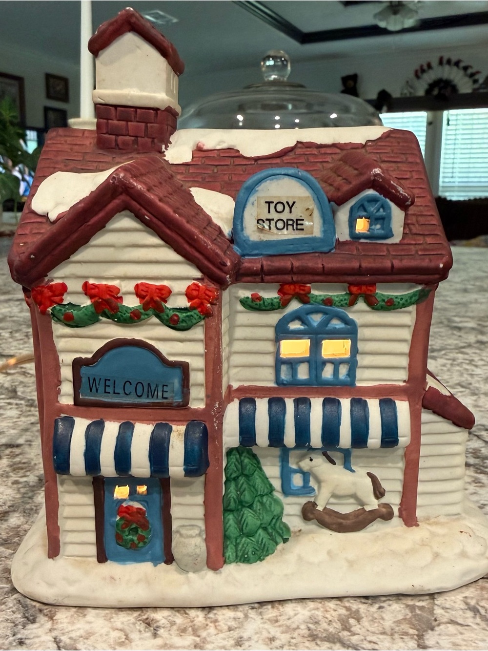 Vintage Holiday Ceramic Toy Store Decorative House - White and Burgundy